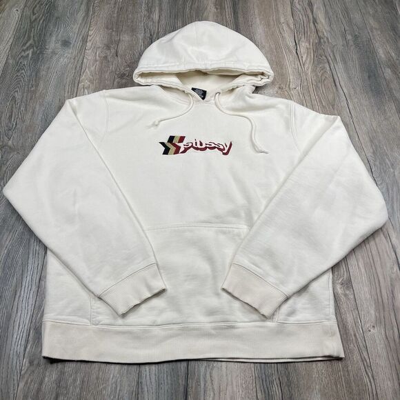 Stussy Logo Hoodie Sweatshirt Mens Size M Medium Embroidered Sweatshirt Cream - Picture 1 of 13